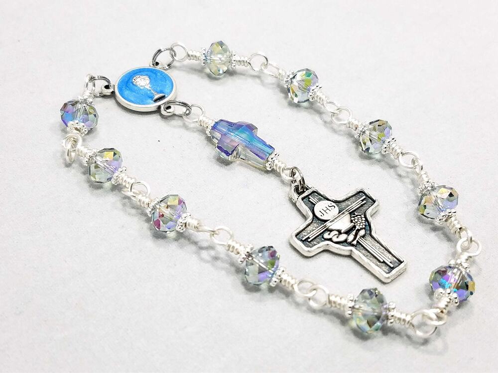 Communion Chalice One Decade Rosary, Swarovski Crystals, Silver Plated